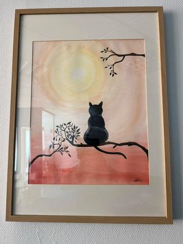Aquarel Schilderij “Mijmerende Poes” in lijst (53 x 73 cm) beschikbaar voor biedingen