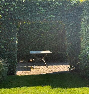 Hardstenen tuintafel met smeedijzeren onderstel beschikbaar voor biedingen
