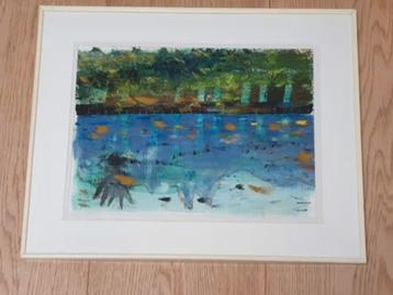 schilderij modern geabstraheerd Landschap water met bomen beschikbaar voor biedingen