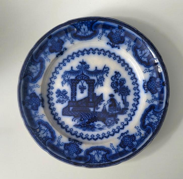 Antiek blauw Engels porseleinen bord met pagode, Antiek en Kunst, Antiek | Wandborden en Tegels, Ophalen of Verzenden