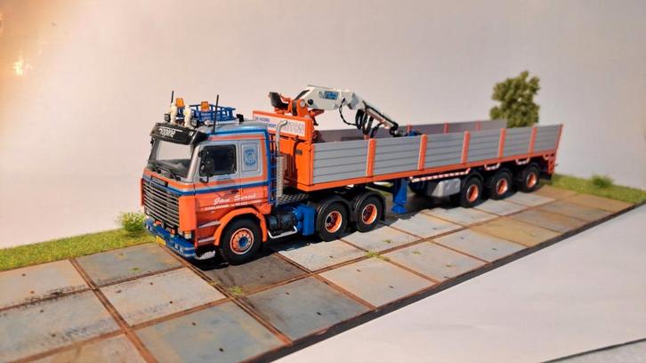 Tekno Scania 143 Serne met stenentrailer, Hobby en Vrije tijd, Modelauto's | 1:50, Zo goed als nieuw, Bus of Vrachtwagen, Tekno