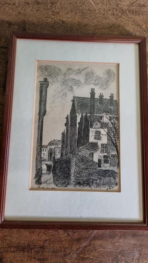 Oude Stad Tekening - Gesigneerd 1910, Antiek en Kunst, Kunst | Tekeningen en Foto's, Ophalen