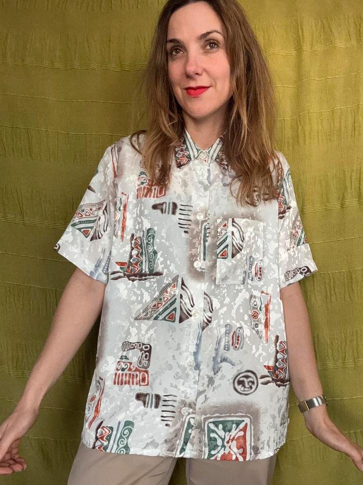 Vintage blouse - Jaren 90 / 90’s - print - patroon-42/XL, Kleding | Dames, Blouses en Tunieken, Gedragen, Maat 42/44 (L), Wit