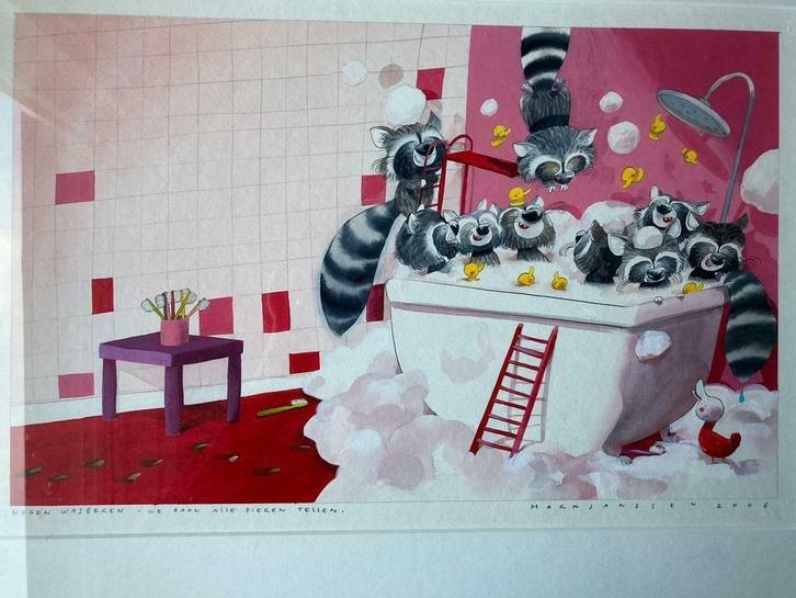 Mark Janssen orig. illustratie We gaan alle dieren tellen, Antiek en Kunst, Kunst | Tekeningen en Foto's, Ophalen of Verzenden