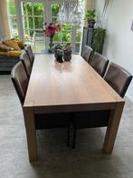 Massief eiken tafel met 6 leren stoelen, Ophalen, Zo goed als nieuw, Eiken en leer, 4 tot 6 stoelen