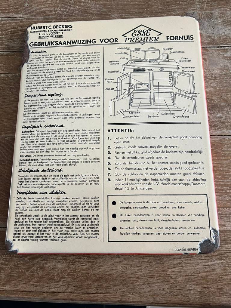 EMAILLE BORD gebruiksaanwijzing voor Premier Fornuis, Verzamelen, Merken en Reclamevoorwerpen, Gebruikt, Reclamebord, Ophalen of Verzenden