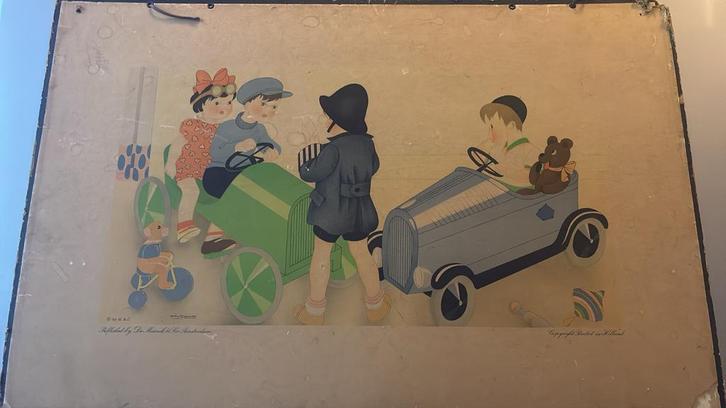 Vintage Kinderprent met Auto's, Antiek en Kunst, Antiek | Schoolplaten, Overige thema's, Ophalen of Verzenden