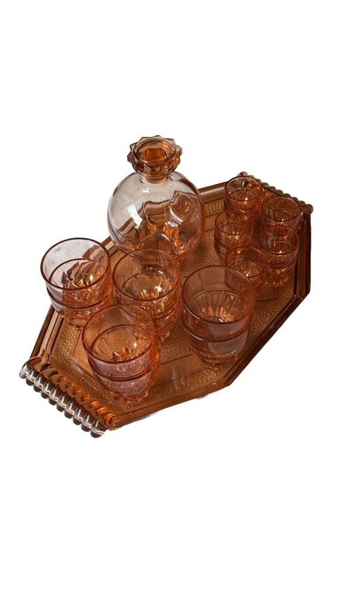 Vint. Rosaline Likeurset, Art Deco Dienblad, Karaf+18 glazen, Antiek en Kunst, Antiek | Glas en Kristal, Ophalen of Verzenden