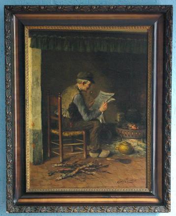 Joseph Gindra/ Tilburg - Boer bij haard (Olieverf op paneel) beschikbaar voor biedingen