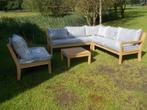 Nieuwe teak houten hoekloungeset met stevige kussens, Ophalen, 6 zitplaatsen, Teakhout, Zo goed als nieuw
