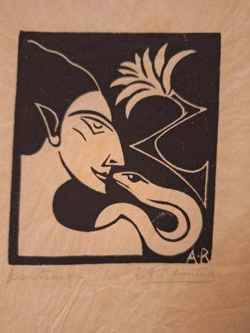 Art Deco Houtsnede met Slang beschikbaar voor biedingen