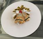 flonkerende broche 2 Kerstklokjes aan een strik, goudkleurig, Sieraden, Tassen en Uiterlijk, Broches, Overige materialen, 4 tot 7 cm