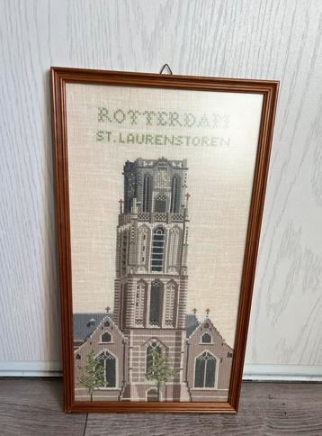 Ingelijst antiek borduurwerk De St.Laurenstoren Rotterdam beschikbaar voor biedingen