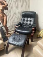Vintage lederen relax met voetbank, Ophalen, Gebruikt, 50 tot 75 cm, Hout