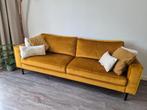 Woood oker gele 4 zits bank met poef, Ophalen, 75 tot 100 cm, Zo goed als nieuw, Stof