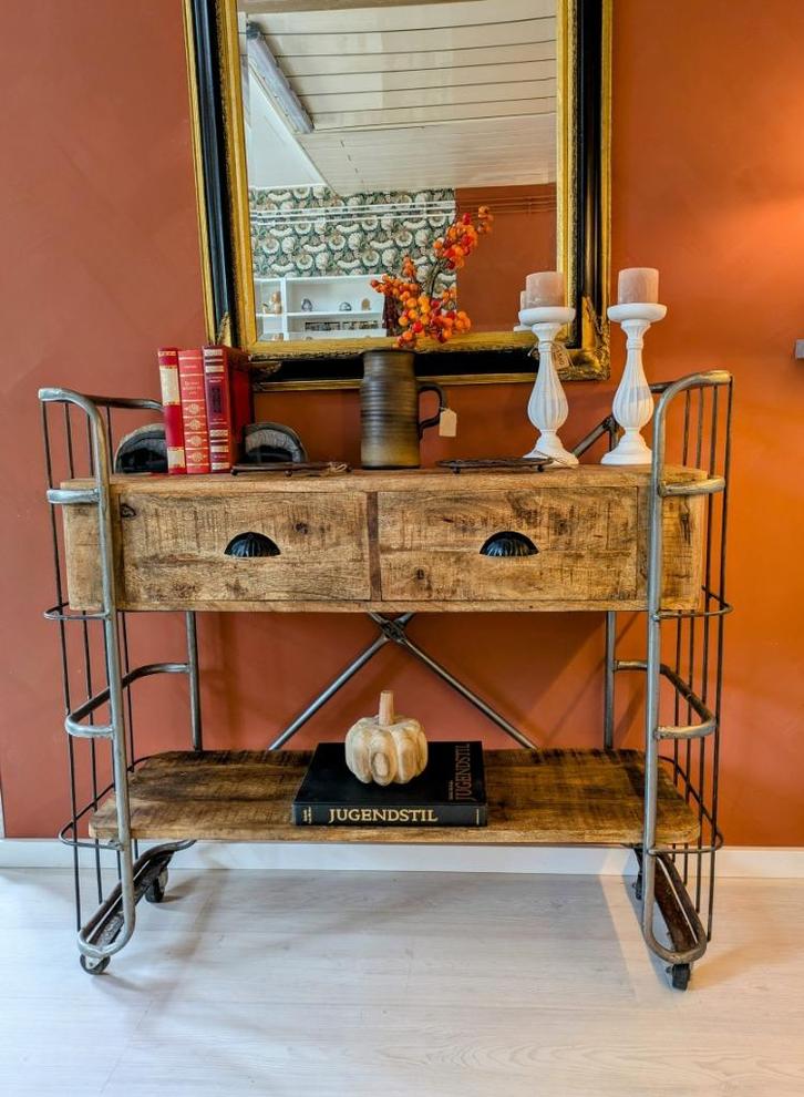 Sidetable Mangohout Trolley Industriëel, Huis en Inrichting, Tafels | Sidetables, Zo goed als nieuw, 25 tot 50 cm, 100 tot 150 cm