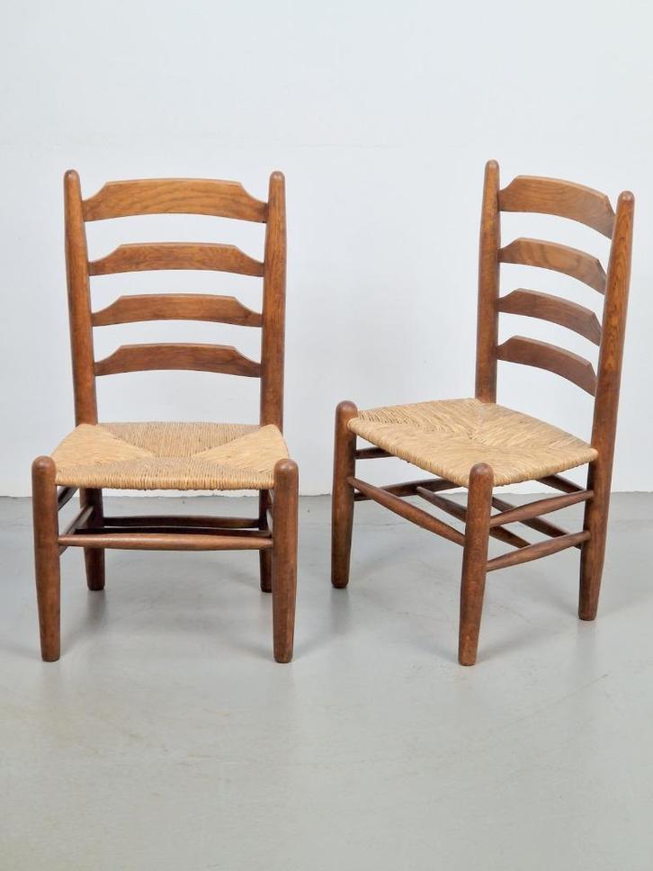 Set 2 Vintage Brutalist Charlotte Perriand stoel Cane '60, Huis en Inrichting, Stoelen, Gebruikt, Twee, Hout, Riet of Rotan, Bruin