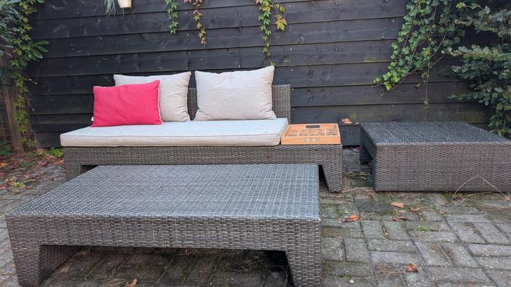 Loungeset tuin, Tuin en Terras, Tuinsets en Loungesets, Gebruikt, Loungeset, Wicker, 3 zitplaatsen, Bank, Bijzettafel, Hocker