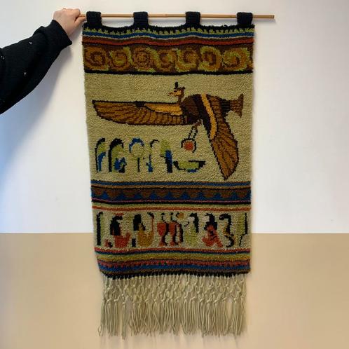 Prachtig mega groot vintage wandkleed vogel wol met franjes, Antiek en Kunst, Antiek | Kleden en Textiel, Ophalen of Verzenden