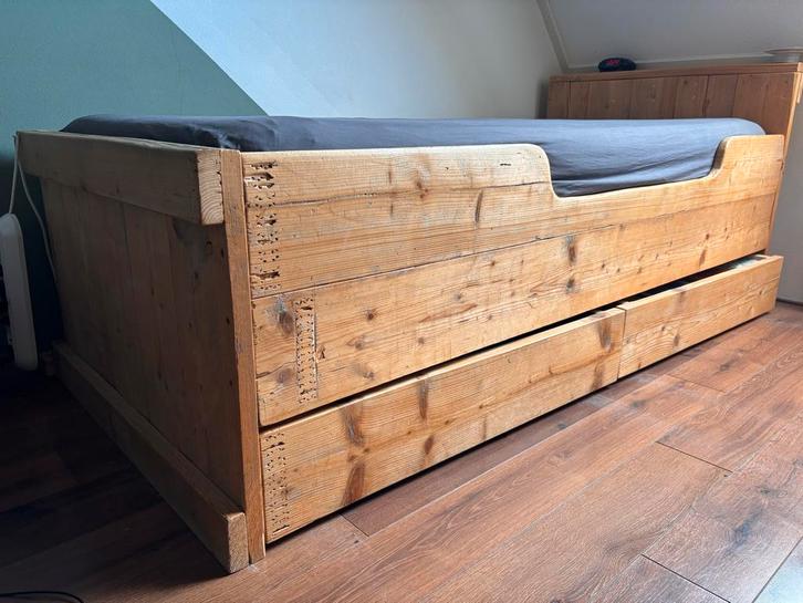 Steigerhouten Bed (& Kast), Huis en Inrichting, Slaapkamer | Bedden, Gebruikt, Eenpersoons, 90 cm, 200 cm, Steigerhout, Bruin
