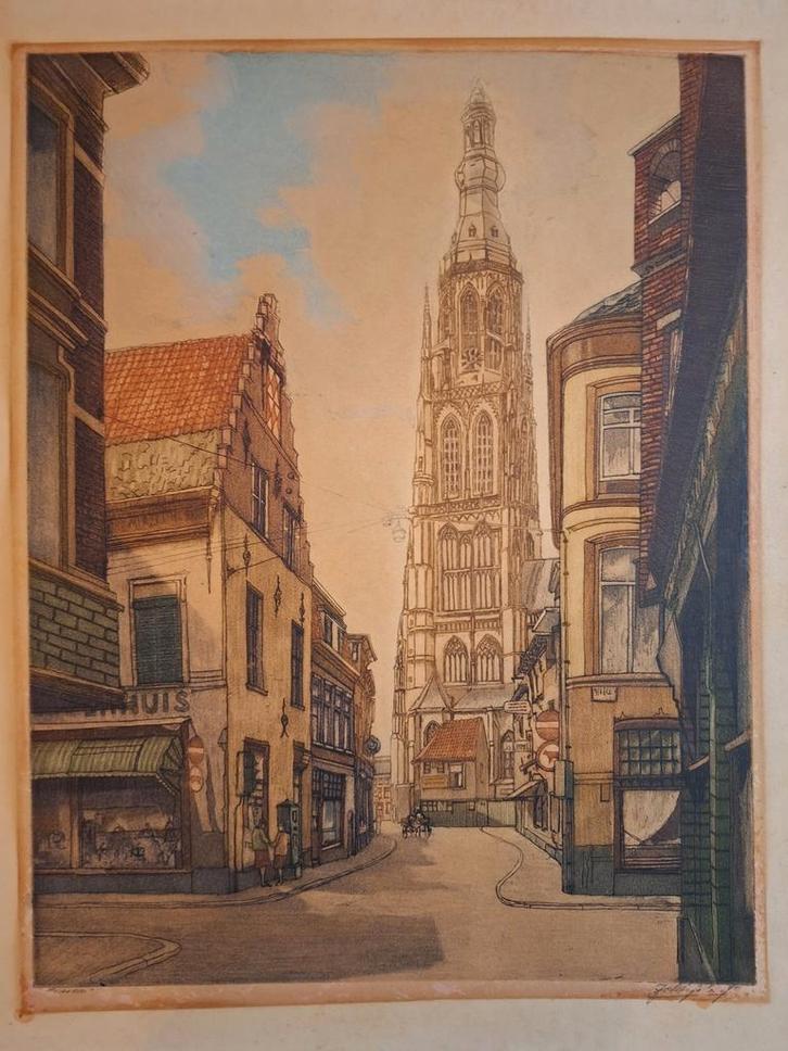Kleurets Johan Scherft - Breda grote kerk, Antiek en Kunst, Kunst | Schilderijen | Klassiek, Ophalen of Verzenden