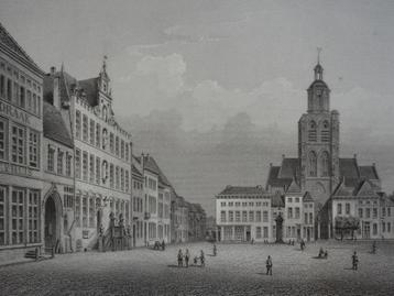 staalgravure Grote markt Bergen op zoom, AJ Terwen 1863 beschikbaar voor biedingen