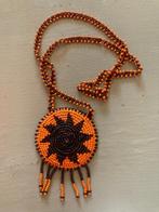 Vintage retro boho hippie glaskralen leren ketting sieraad, Oranje, Ophalen of Verzenden, Zo goed als nieuw, Overige materialen