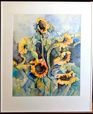 ZONNEBLOEMEN Originele aquarel in passe-partout. Ingelijst beschikbaar voor biedingen