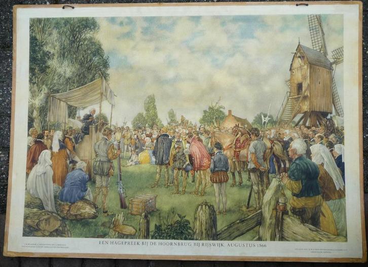 Oude schoolplaat van 1920 met een Hagepreek bij Utrecht, Antiek en Kunst, Antiek | Schoolplaten, Geschiedenis, Ophalen of Verzenden