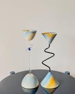 Postmodern Candlestick Holders – Wavy Glass & Ceramic Duo, Ophalen of Verzenden, Zo goed als nieuw, Minder dan 50 cm
