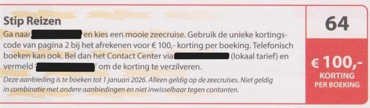 Stip Reizen €100,- korting per boeking op zeecruises. Bon 64, Tickets en Kaartjes, Kortingen en Cadeaubonnen, Drie personen of meer