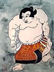 Schilderij Japanse Sumo worstelaar Aquarel gauche  beschikbaar voor biedingen