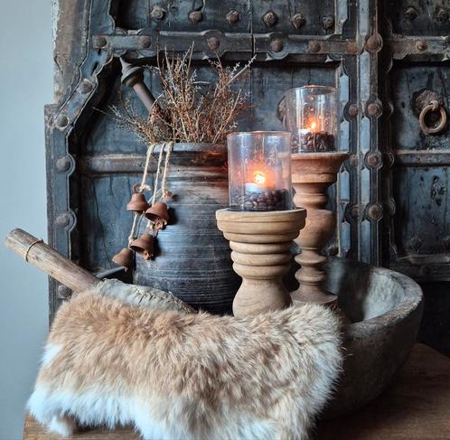 Landelijke set, houten kandelaar, nepalpot, vachtje, schaal, Huis en Inrichting, Woonaccessoires | Schalen en Manden, Nieuw, Rond