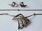 Art deco zilveren ketting, bijpassende oorclips, markasiet, Verzenden, Zilver, Ketting