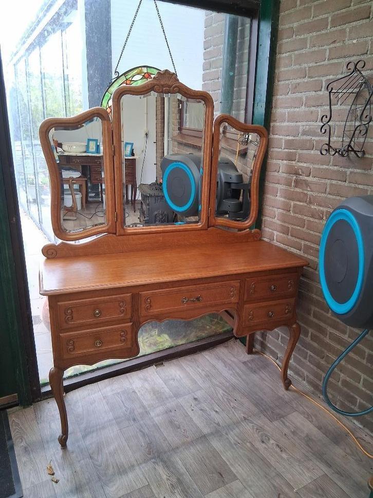 Barok eiken kaptafel 3 luik spiegel queen anne stijl 295,00, Huis en Inrichting, Tafels | Kaptafels, Zo goed als nieuw, 150 tot 200 cm