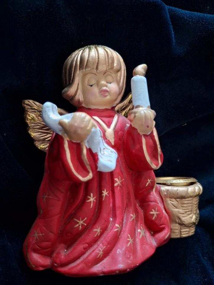 Vintage Kerst Engel Kaarsenhouder Duits Rood Goud, Huis en Inrichting, Woonaccessoires | Kandelaars en Kaarsen, Ophalen of Verzenden
