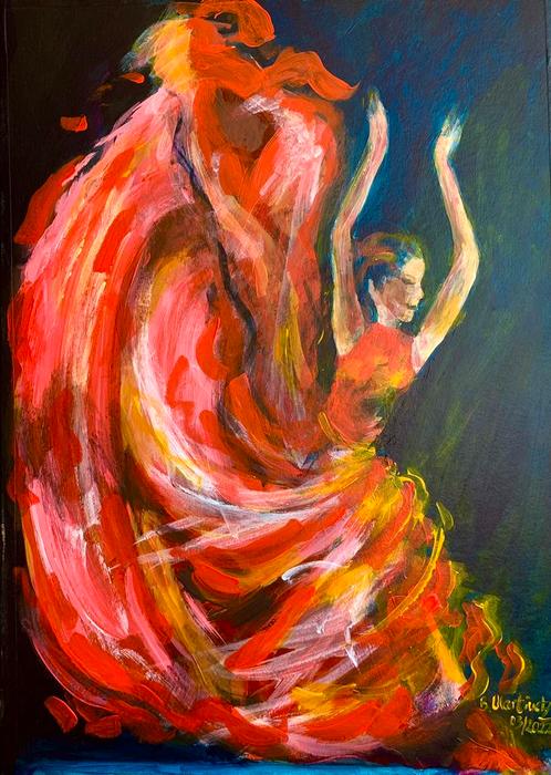 ‘Flamenco danseres’ , ingelijst, Antiek en Kunst, Kunst | Schilderijen | Modern, Ophalen of Verzenden