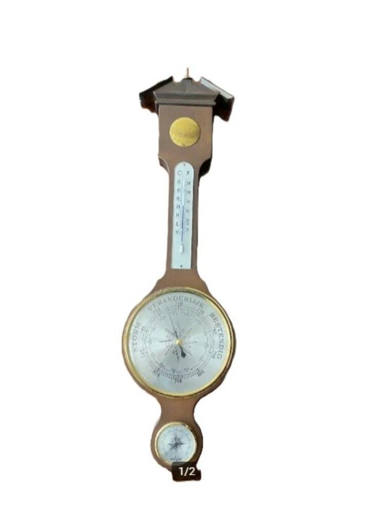 Antieke aneröide barometer - met thermometer en kompas, Audio, Tv en Foto, Weerstations en Barometers, Gebruikt, Barometer, Ophalen