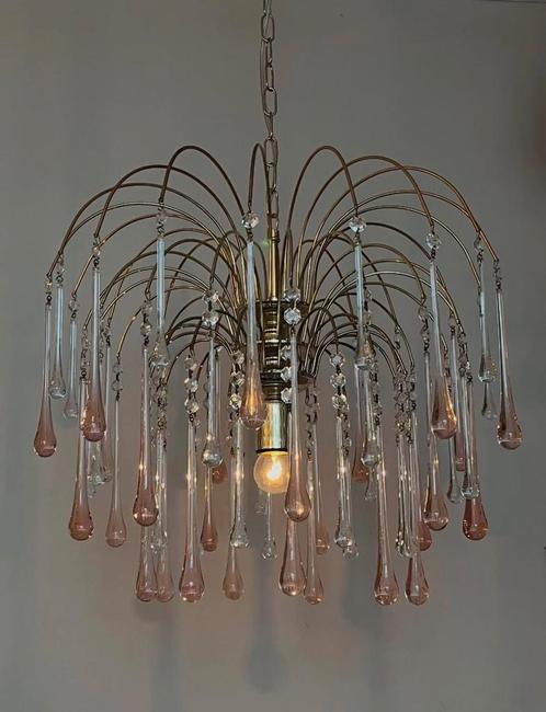 Vintage roze xl Murano teardrop pegels kroonluchter kristal, Huis en Inrichting, Lampen | Kroonluchters, Ophalen of Verzenden