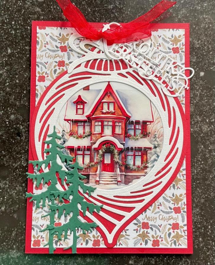 Nr 47 Kerst. Wenskaart Kerstbal met sneeuw kasteel, Hobby en Vrije tijd, Kaarten | Zelfgemaakt, Nieuw, Kerst, Ophalen of Verzenden