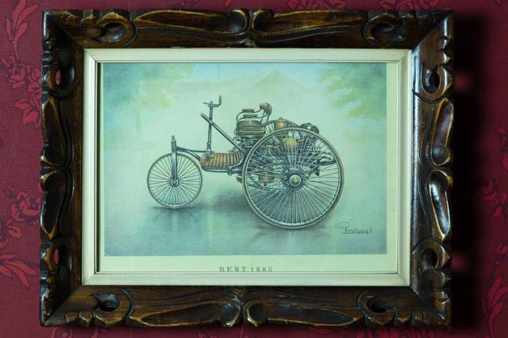 (nr.71) Prent "Benz 1885" in prachtige houtsnijlijst, Verzamelen, Foto's en Prenten, Gebruikt, Prent, Overige onderwerpen, Ophalen
