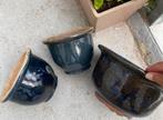 3 blauwe terra bloempotten, Ophalen, Zo goed als nieuw, Rond, Minder dan 25 cm
