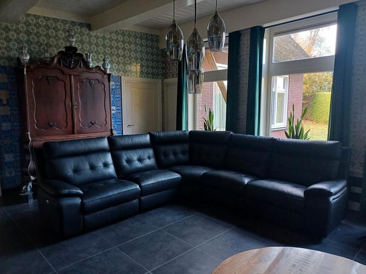 Hoekbank zwart leer, Huis en Inrichting, Banken | Complete zithoeken, Gebruikt, Leer, Ophalen