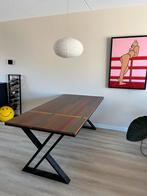 Mooie houten eettafel met metalen onderstel, Ophalen, Gebruikt, 100 tot 150 cm, Eikenhout