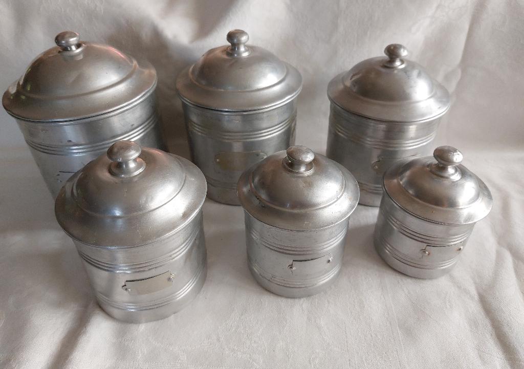 Set van 6 oude Franse aluminium voorraadbussen, Ophalen of Verzenden