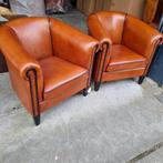 2 rundlederen Chesterfield fauteuils honing cognac + BEZORGD, Nieuw, Chesterfield, 75 tot 100 cm, Leer