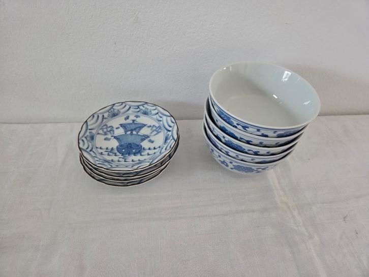 China: delftsblauw 5x kommetjes+ 4x schaaltjes met zeilschip, Antiek en Kunst, Antiek | Servies los, Ophalen of Verzenden