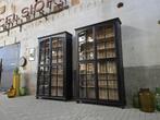 XL Vintage Houten Vitrinekast Zwart | Grote Vitrine Kast 1, Antiek Retro Vintage Brocante Landelijk, 200 cm of meer, 150 tot 200 cm