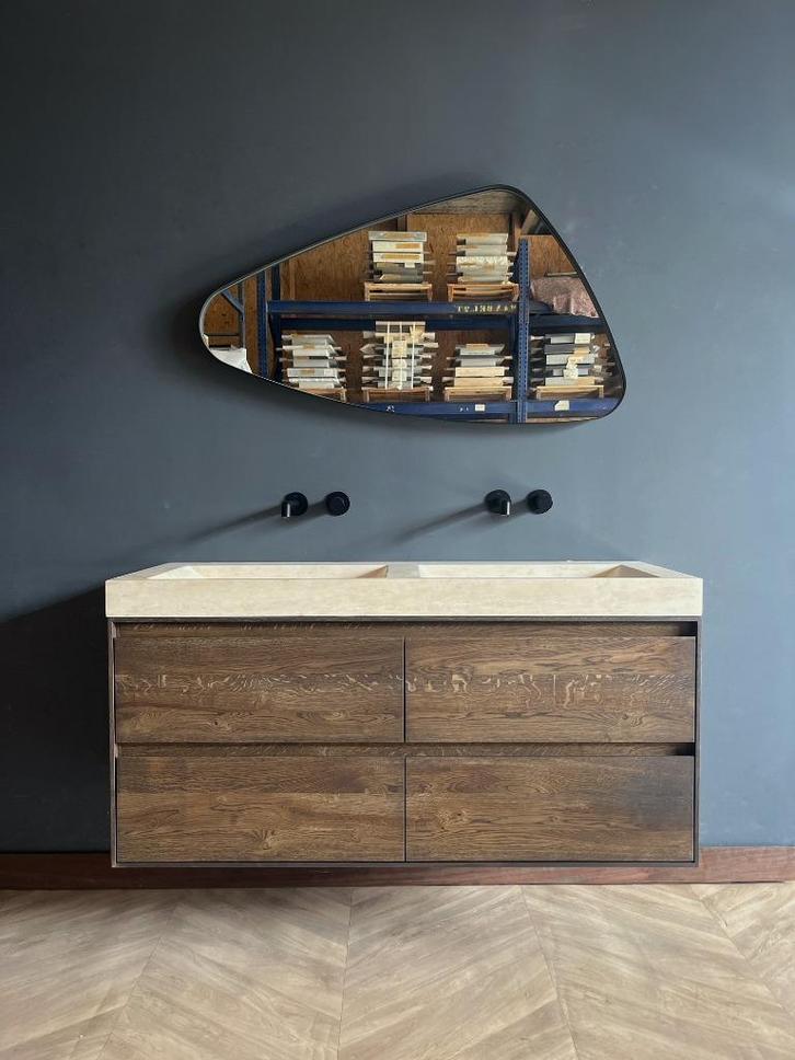 Luxe badmeubelset massief eiken en natuursteen, Huis en Inrichting, Badkamer | Badkamermeubels, Nieuw, Wastafelkast, Minder dan 100 cm