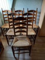 6 eiken antieke  kloosterstoelen met biezen zitting, Ophalen, Gebruikt, Bruin, Eén